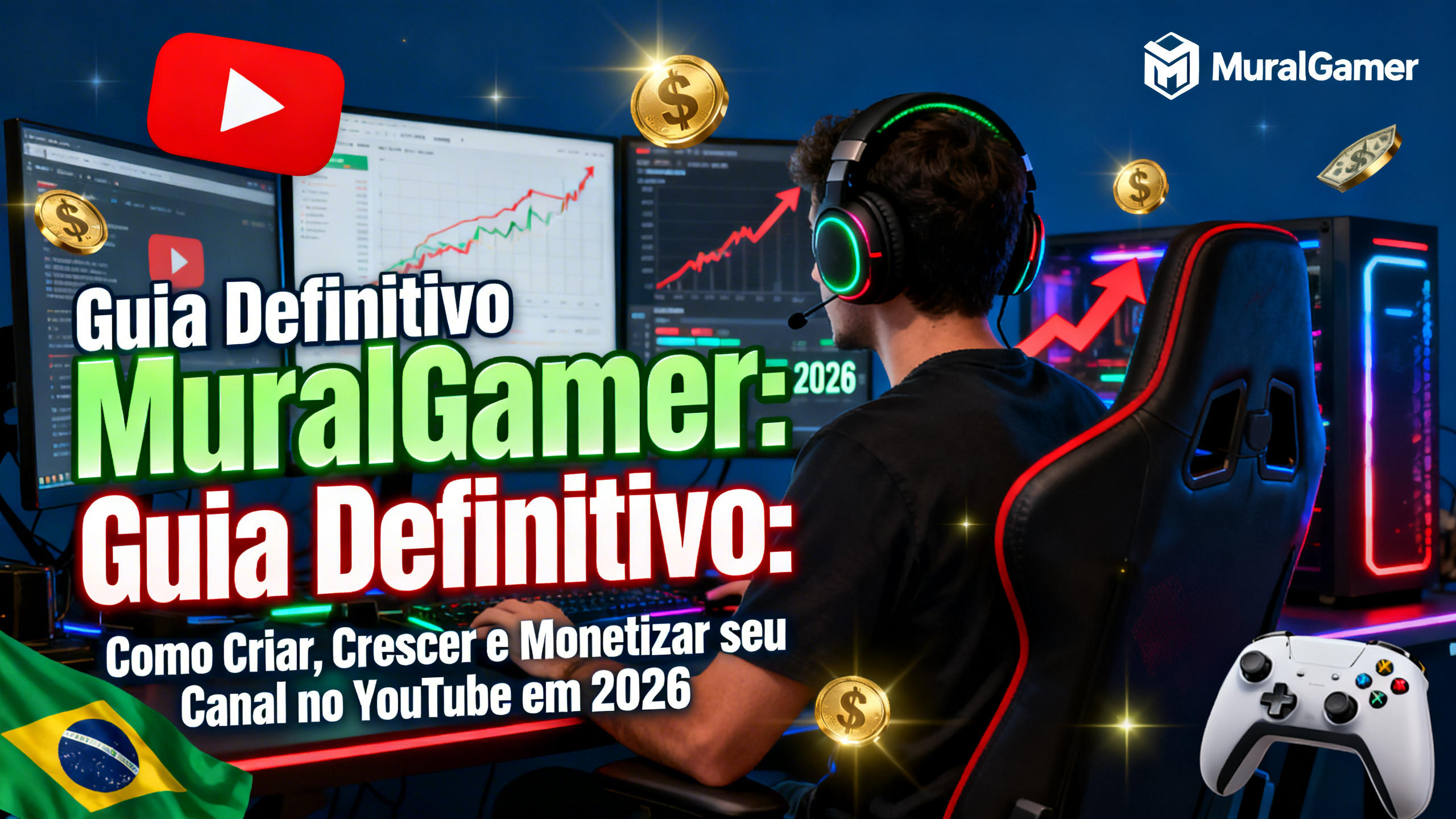capa de artigo sobre como ganhar dinheiro com youtube em 2026. Guia definitivo produzido pela melhor comunidade gamer para youtubers.