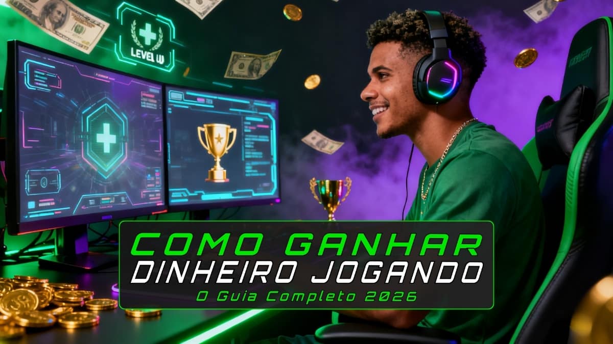 Capa de Artigo sobre como ganhar dinheiro jogando em 2026. Guia completo sobre possibilidades reais de renda extra com game em 2026.