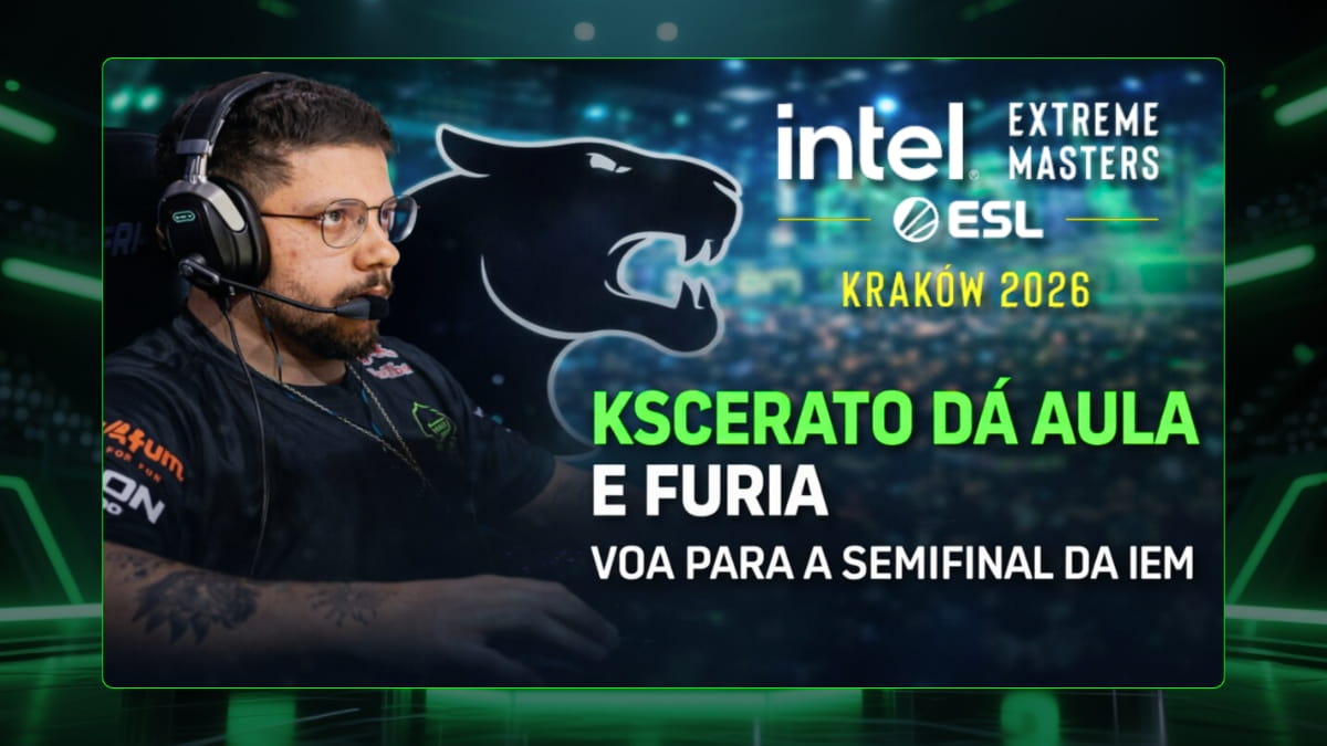 Capa de notícia sobre vitória da FURIA no IEM Kraków 2026, com aula de KSCERATO, FURIA bate Aurora e avança para semifinal