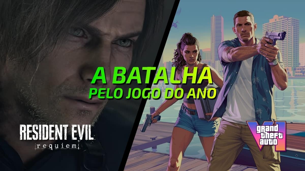 Capa de artigo sobre a possível disputa de jogo do ano entre GTA 6 e Resident Evil requiem. Briga de Gigantes