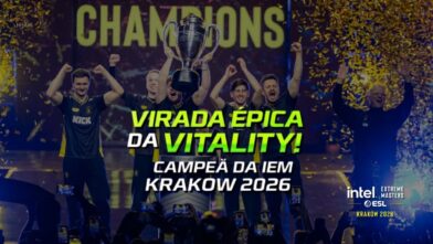 Campa de notícia sobre o título da Vitality na IEM Krakow 2026, vitória de virada sobre a FURIA em um jogo de tirar o fólego.