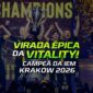 Campa de notícia sobre o título da Vitality na IEM Krakow 2026, vitória de virada sobre a FURIA em um jogo de tirar o fólego.