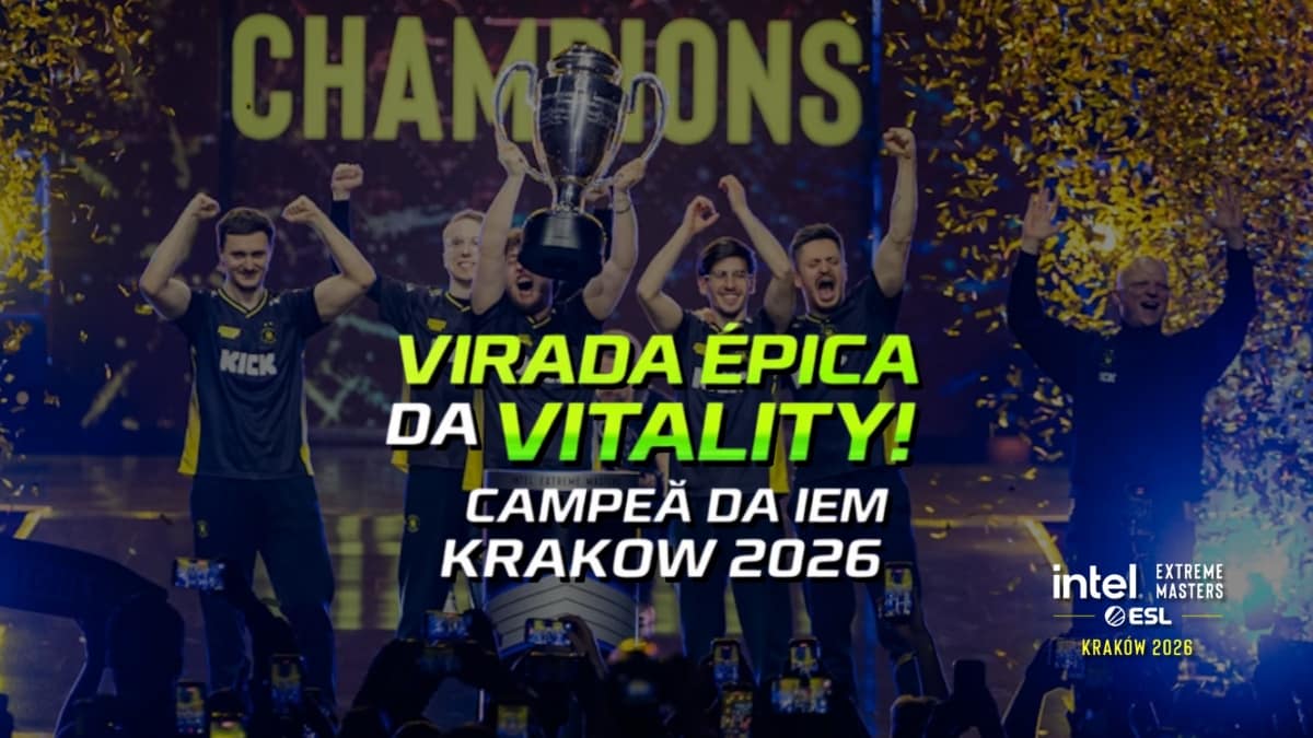 Campa de notícia sobre o título da Vitality na IEM Krakow 2026, vitória de virada sobre a FURIA em um jogo de tirar o fólego.