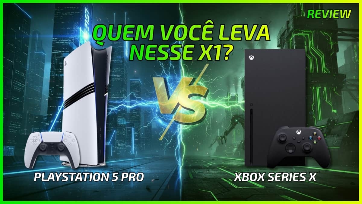Capa de Review honesto de comparativo entre Playstation 5 Pro e Xbox Series X. E ai? Qual você levaria para casa nesse x1 de gigatnes?