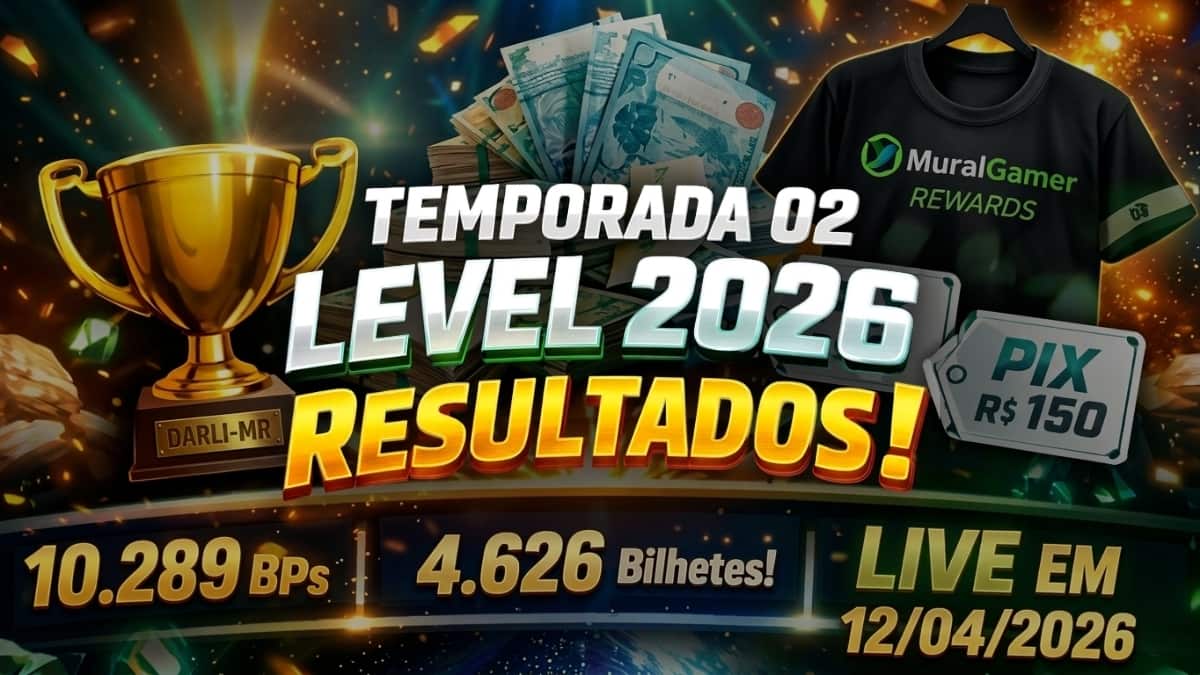 Capa de artigo de divulgação dos resultados da temporada 02 level 2026 do programa de recompensas MuralGamer REWARDS.