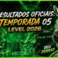 Capa de publicação dos resultados oficiais da TEMPORADA 05 LEVEL 2026 do MuralGamer REWARDS. O Melhor Programa de Recompensas para Gamers.
