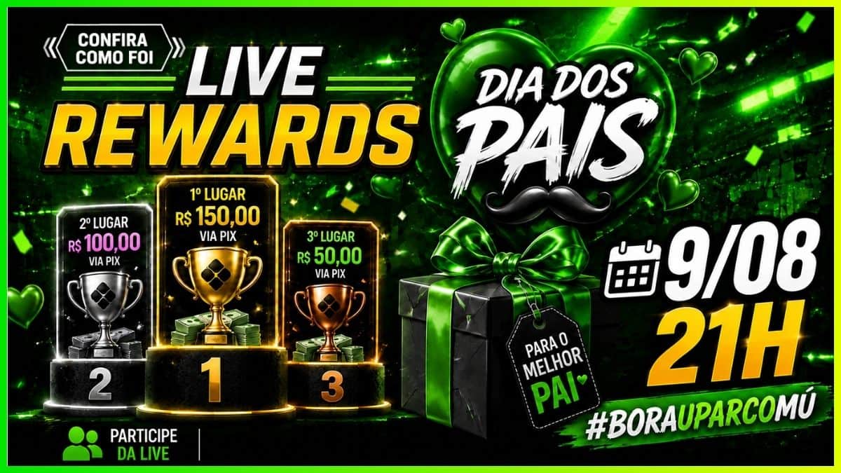 Capara de postagem oficial sobre a Live Rewards especial do Dia dos Pais do MuralGamer Rewards. Referente Temporada 07 Level 2026